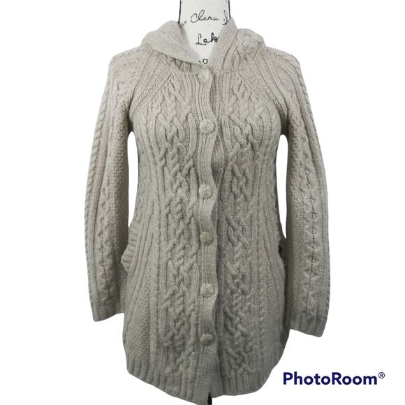 INIS CRAFTS IRELAND Merino Wool Oatmeal Button Down Hooded Cable Knit Sweater S - Picture 1 of 11